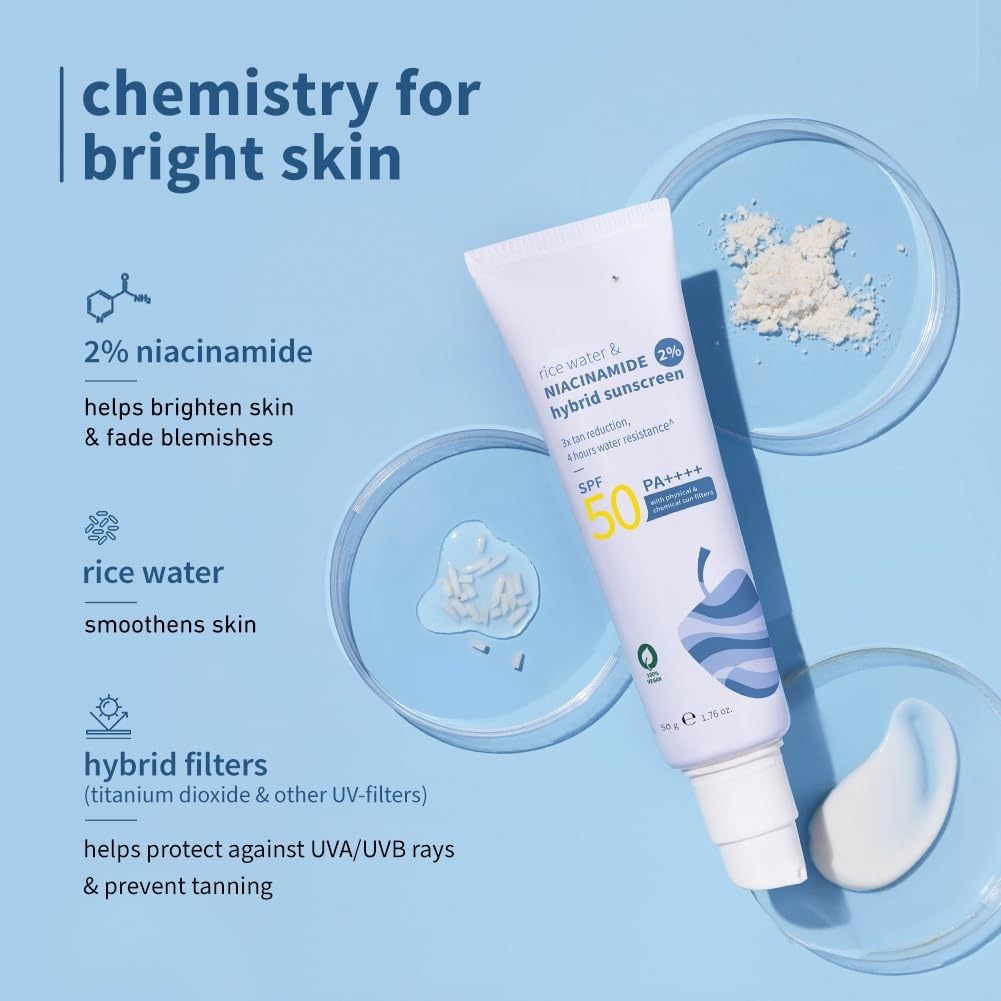 P.l.u-m. Rice Water & Niacinamide Hybrid Sunscreen, SPF 50 PA++++, 2% Niacinamide, 1.76 oz, Vegan - Medaid International