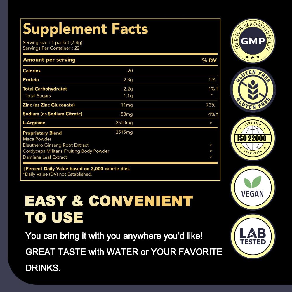 DAIKEN Peruvian Maca Root Powder Extra Strength 15,000 mg, Gelatinized Black, Red, Yellow Maca Blend with L-Arginine (2,500 mg) for Men and Women, Superior Absorption, Vegan, Lab Tested - 22 Packets - Medaid International