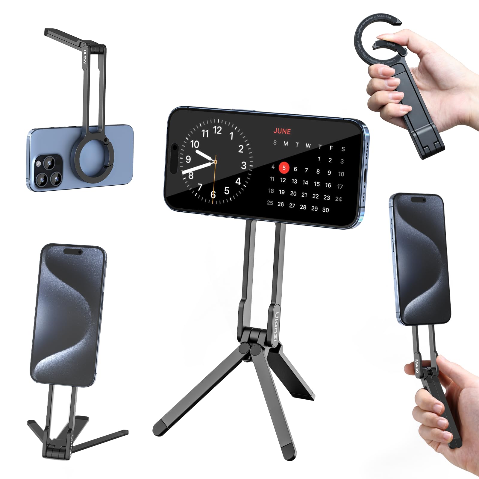 ULANZI MA30 Magnetic Phone Tripod Stand for iPhone - Aluminium Maglock Smartphone Mini Tripod Pocket Cell Phone Stand Strong Magnet Quick Mount Compatible with iPhone 17 16 15 14 13 12 Series, Black - Medaid International