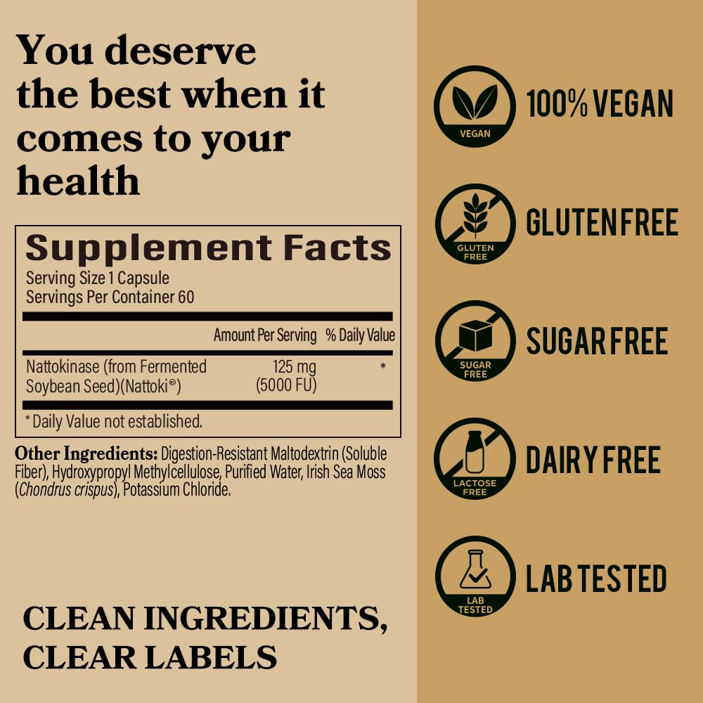 DAIKEN Nattokinase 5,000 FU, High Potency Nattokinase Supplement, Non-GMO & Vegan, Lab Tested, 60 Capsules - Medaid International