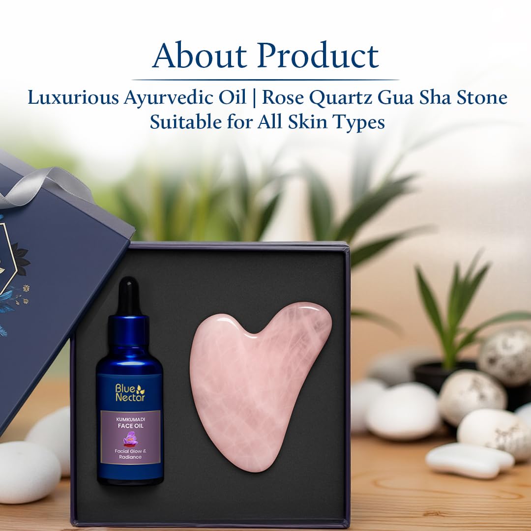 Blue Nectar Kumkumadi Oil with Gua Sha | Ayurvedic Face Oil for Glowing Skin | Natural Face Serum for Women & Men with Gua Sha Stone (26 Herbs, 1 Fl Oz) - Medaid International