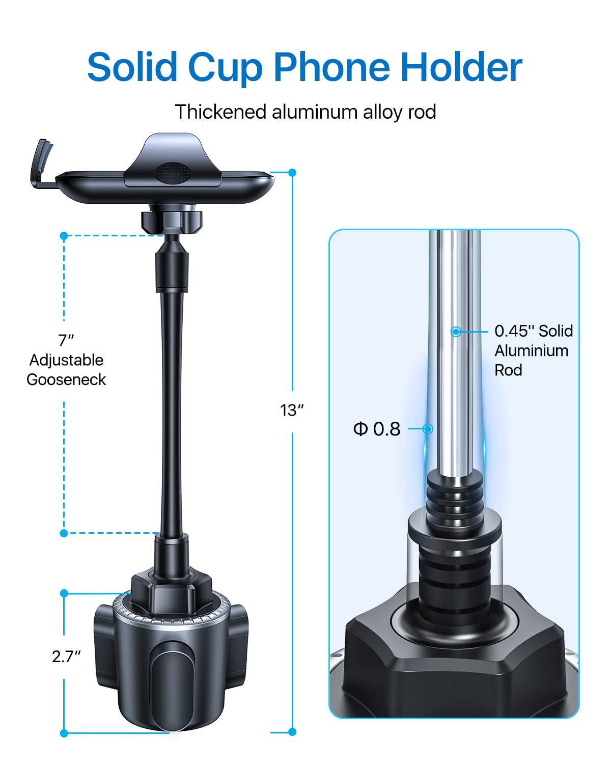 andobil Military-Grade Cup Phone Holder for Car/Truck, [2025 Enhanced] 13" 360° Adjustable Gooseneck w/Anti-Shake Car Mount, Universal Car Phone Holder for iPhone/Samsung/Pixel All 4.0-7.0" Devices - Medaid International