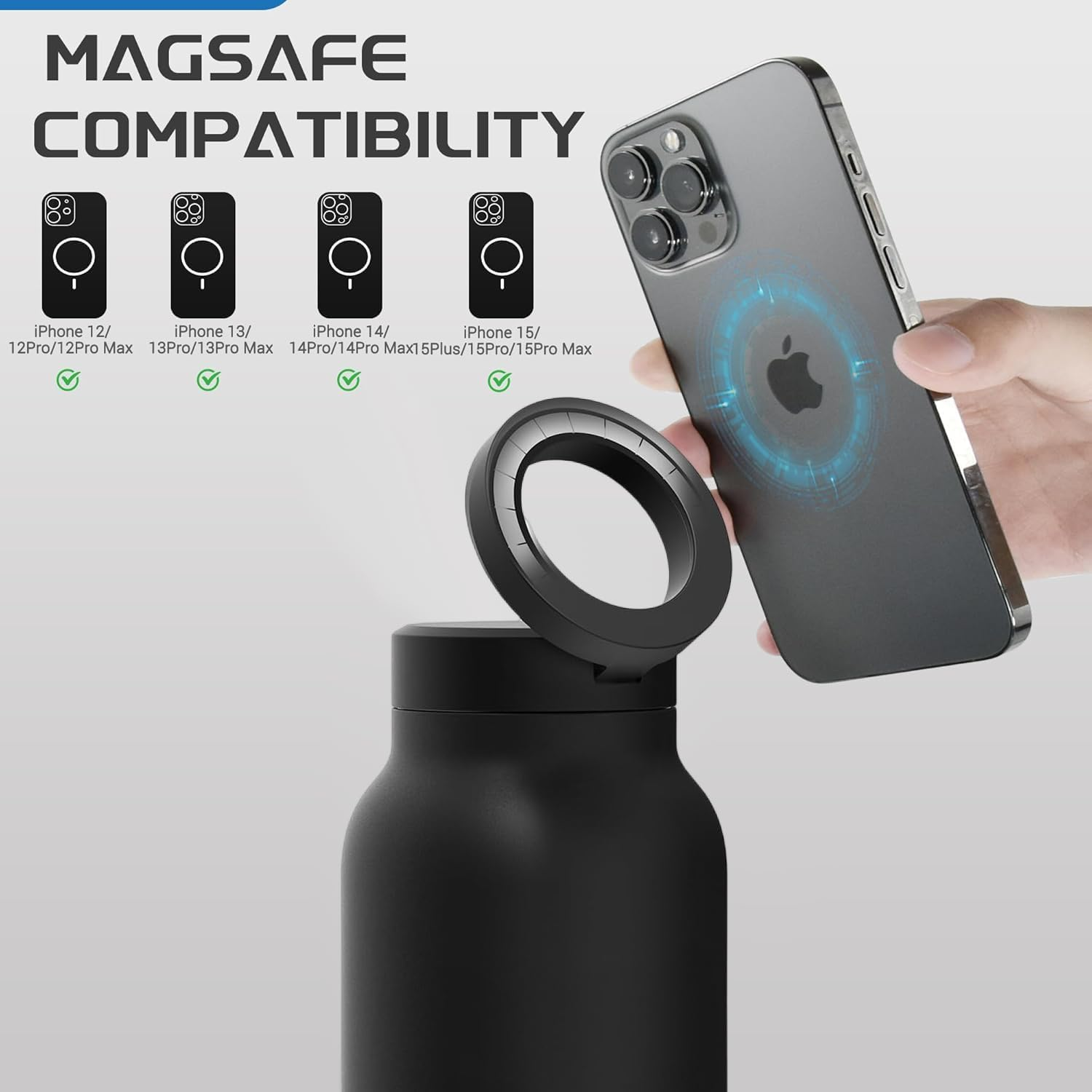 Insulated Water Bottle with Magnetic Phone Holder | Stainless Steel Tumbler Compatible with MagSafe for Gym, Car, & Sports - Medaid International