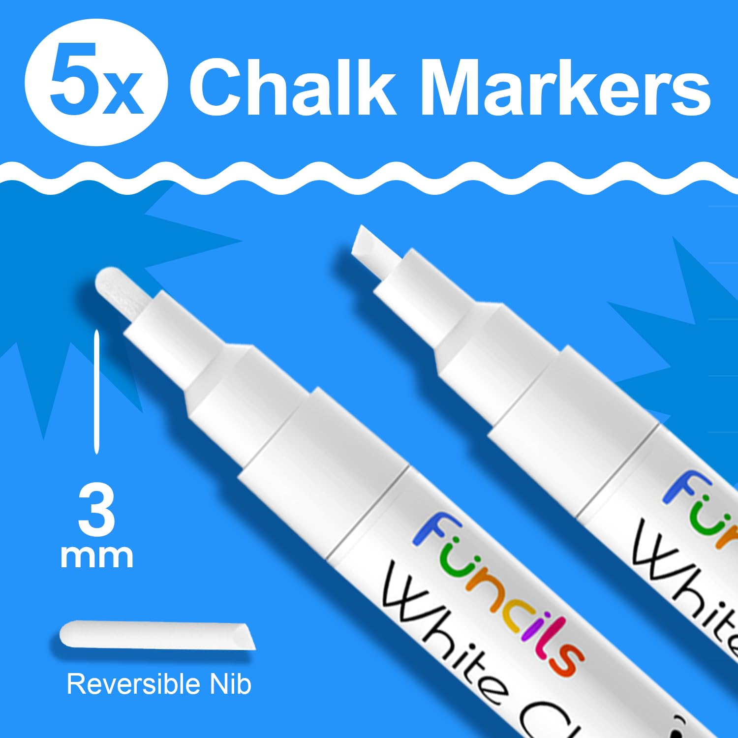 Funcils White Chalk Markers Fine Tip (5 Pack, 3mm Reversible Tip) - For Chalkboard, Blackboard, Car Windows, Glass, Acrylic Calendar | Dry erase, Erasable Thin Liquid Chalk Pens - Medaid International