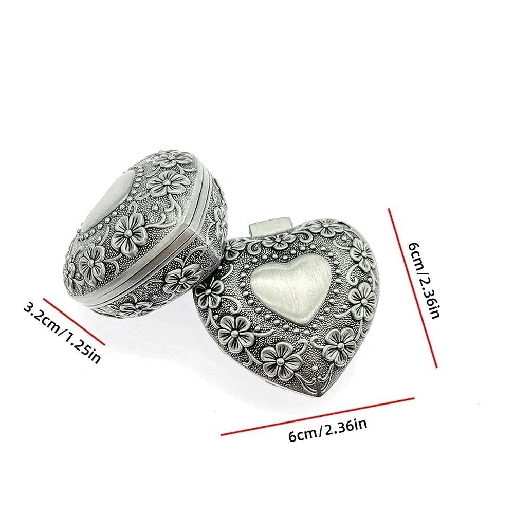 1PC Classic Vintage Antique Heart Shape Jewelry Box Ring Small Trinket Jewellery Storage Organiser Chest Christmas Gift, Silver - Medaid International