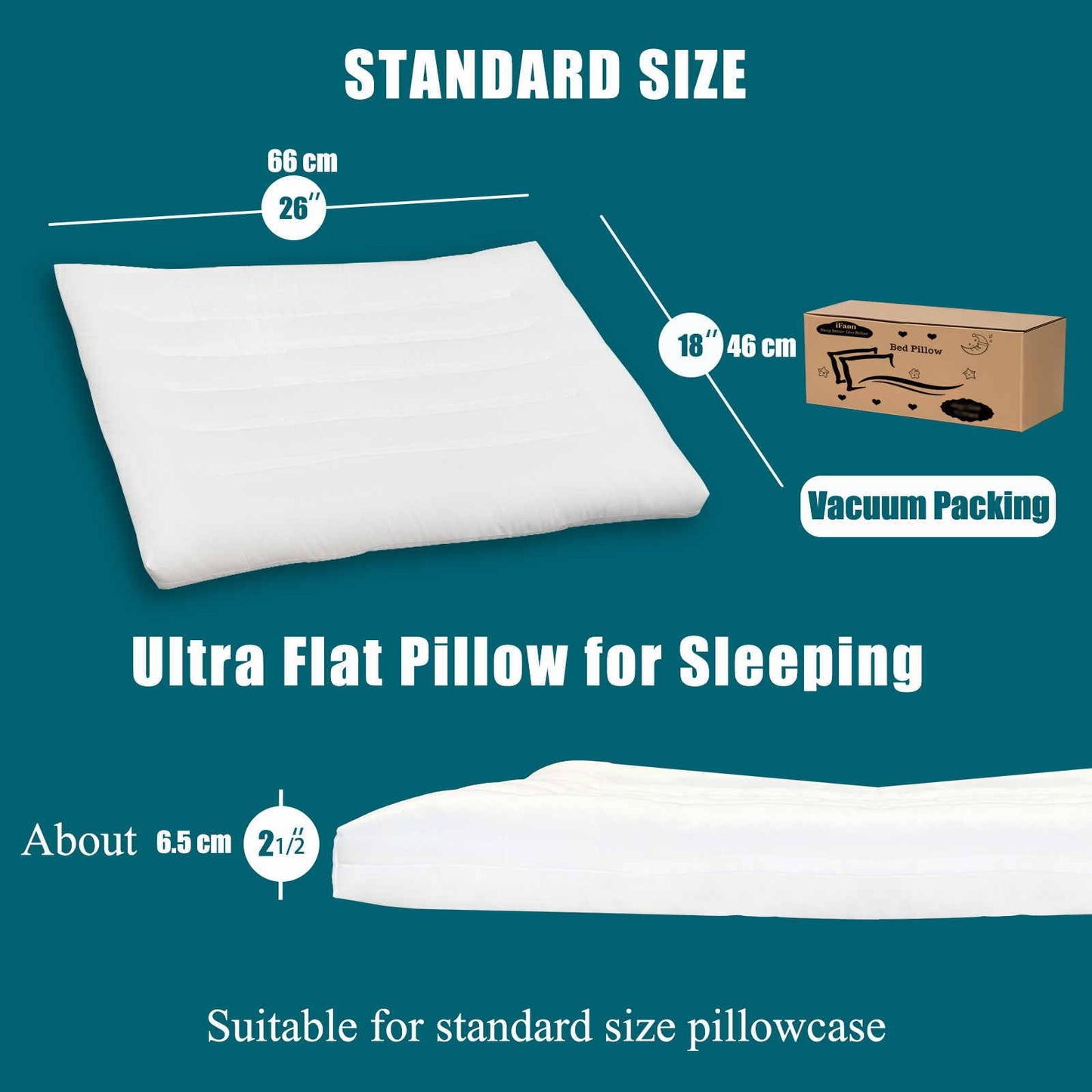 iFaon Ultra Flat Thin Pillows for Sleeping Standard Size, 2-1/2" High Slim Bed Pillow for Back Stomach Sleepers Down Alternative Filling Hypoallergenic White 18x26 in - Medaid International