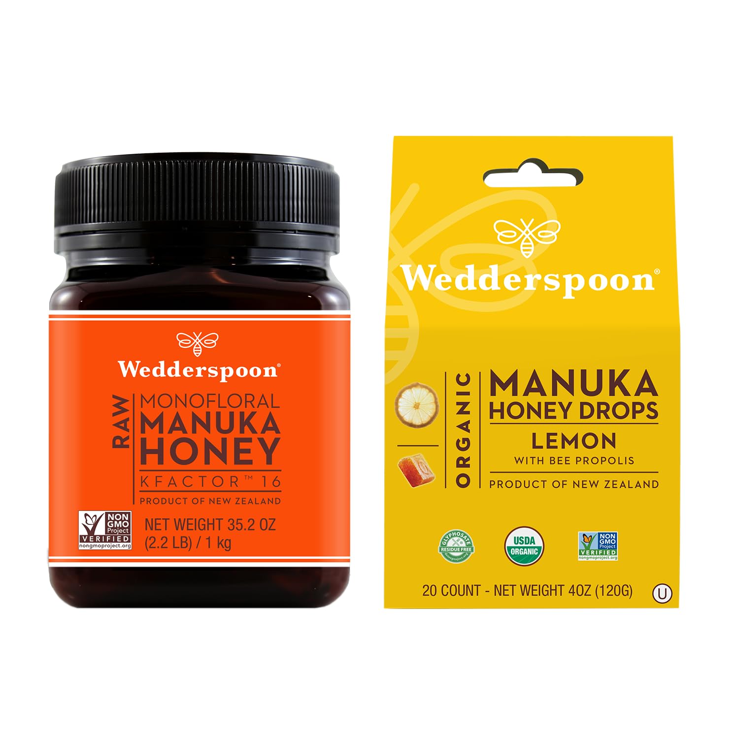 Bundle - Wedderspoon Raw Premium Manuka Honey KFactor 16 (35.2 Oz) and Manuka Honey Drops Lemon & Bee Propolis (4 Oz) - Medaid International