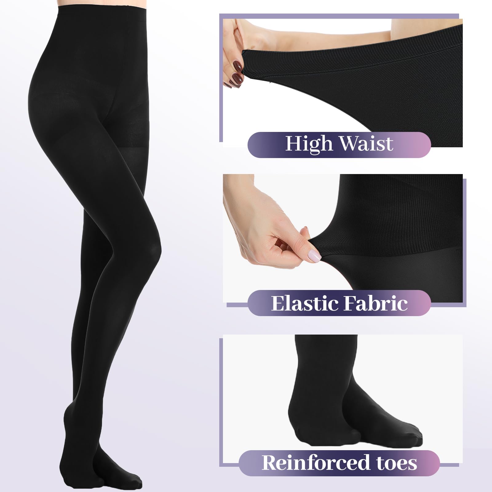 MANZI 2 Pairs Women's Run Resistant Control Top Panty Hose Opaque Tights, X-Large, Black - Medaid International
