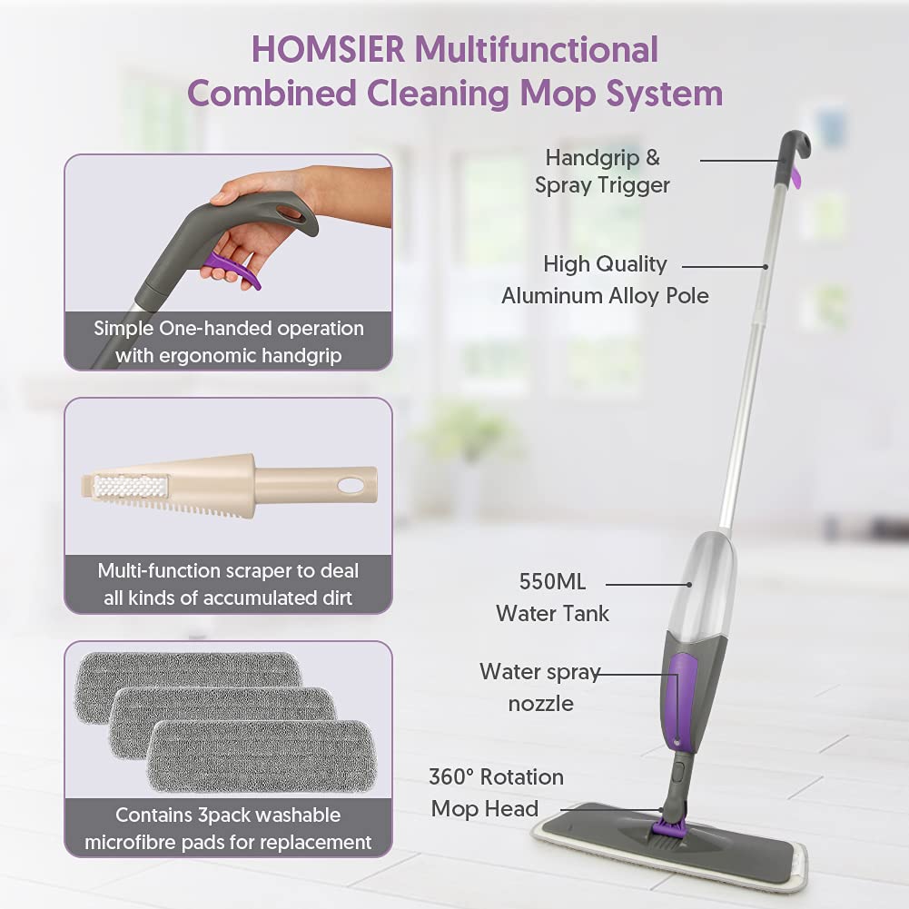 Spray Mops for Floor Cleaning - HOMSIER Microfiber Mop Wet Dry with 3 Washable Pads 550ML Refillable Bottle for Hardwood Wood Laminate Tile Marble Kitchen Home Hard Floors - Medaid International