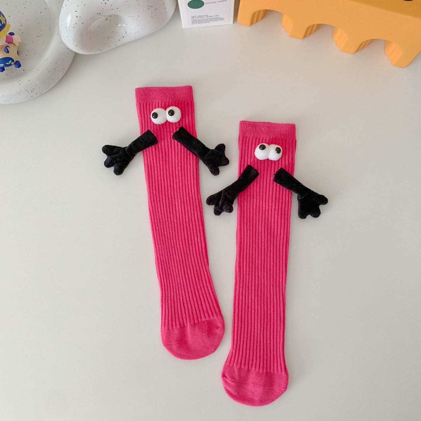 ARTSIM Magnetic Hand Holding Socks for Couple Friends Kids 3D Doll Mid-Tube Cute Hand in Hand Socks with Eyes Novelty Xmas Socks Rose Red (Color : Rose Red, Size : One Size) - Medaid International