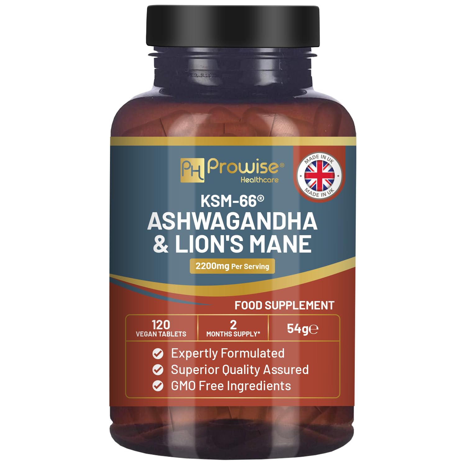 KSM-66 Ashwagandha and Lions Mane Tablets - High Strength 2200mg | KSM-66 Ashwagandha Root Extract and Lions Mane Mushroom Extract - 120 Vegan Tablets with Black Pepper - UK Made by Prowise - Medaid International