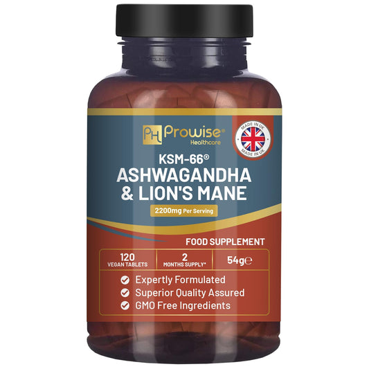 KSM-66 Ashwagandha and Lions Mane Tablets - High Strength 2200mg | KSM-66 Ashwagandha Root Extract and Lions Mane Mushroom Extract - 120 Vegan Tablets with Black Pepper - UK Made by Prowise - Medaid International