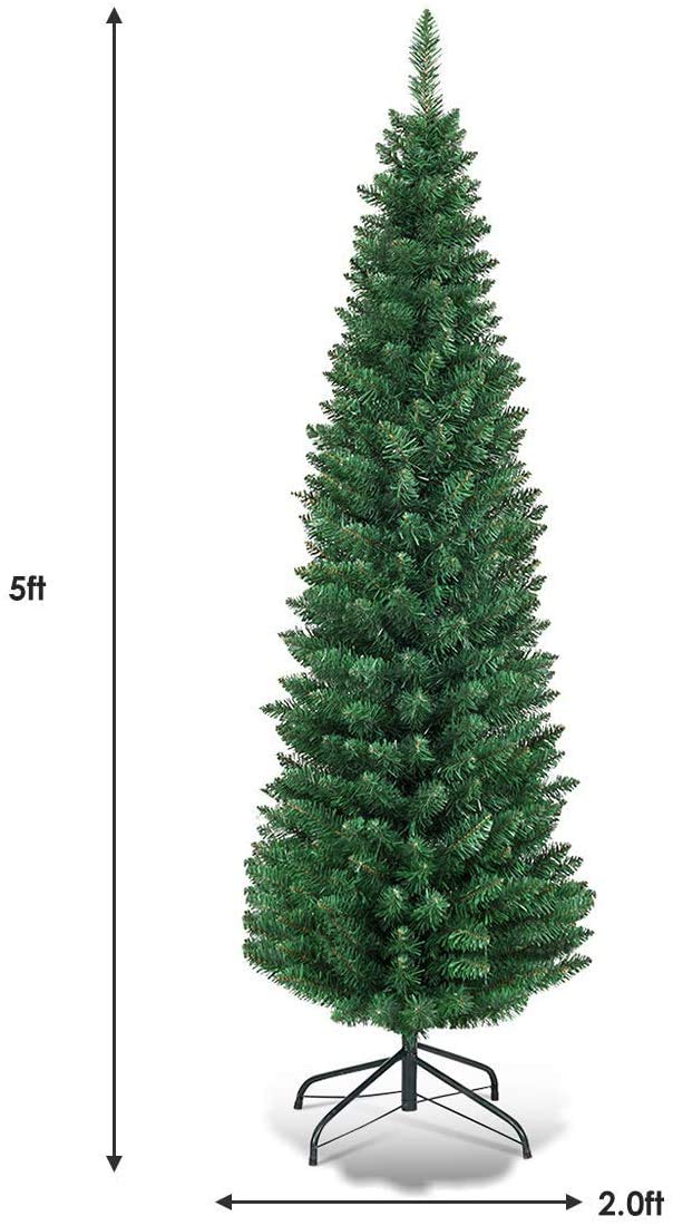 Giantex, Green Artificial Pencil Christmas, Premium Hinged Pine Tree with Solid Metal Legs, Perfect for Home, Shops and Holiday Decoration, (5FT) (Artificial Pencil Christmas Tree) - Medaid International