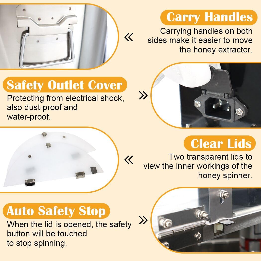 BeeCastle 3 Frame Electric Honey Extractor Stainless Steel Honey Processing Equipment, Powered Honeycomb Drum Spinner with Transparent Lid and Height Adjustable Stand - Medaid International