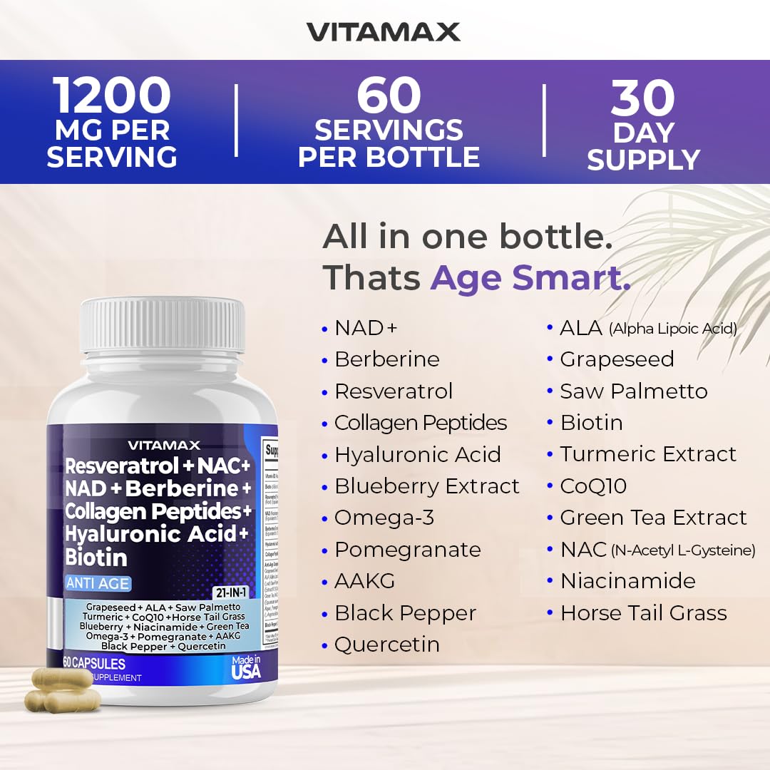 Resveratrol NAD+ Berberine Hyaluronic Acid - Biotin Grape & Blueberry + NAC - Collagen Peptides - Hair, Nail, Skin & Joint Supplement - 21-in-1 Women and Men - Made in USA (60 Count (Pack of 1) - Medaid International