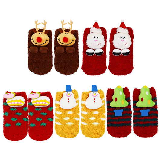 JEPELUS 5 Pairs Small Slipper Fluffy Socks, 3D Anti-skid Christmas Cozy Comfy Sock Winter Fuzzy Coral Fleece Socks for Toddler Kids Holiday Gifts (Christmas Xmas Tree Cake Reindeer Snowmen Father) - Medaid International