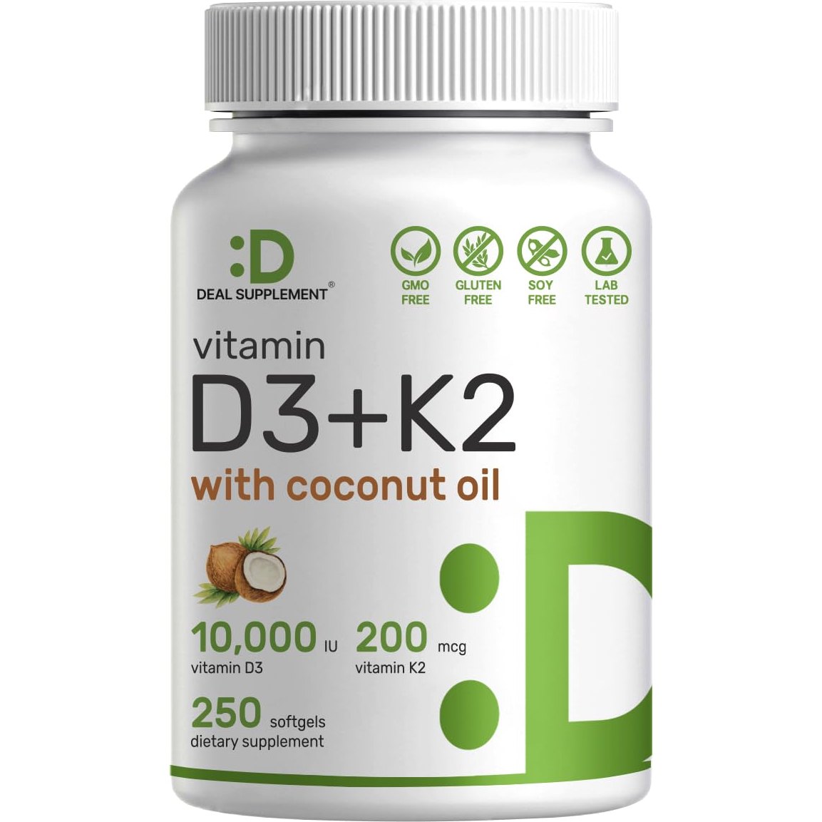 DEAL SUPPLEMENT Vitamin D3 10,000 IU + K2 MK7 200mcg Softgels, 250 Count | 2-in-1 Complex with Virgin Coconut Oil | Supports Heart, Bone, Teeth & Immune Health | Easy to Swallow - Medaid International