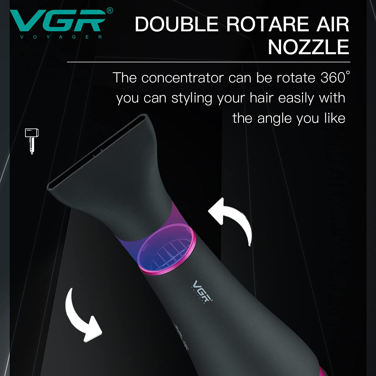 Vgr Professional Hair Dryer V402 - With Diffuser, Gray With Pink 2200W 3 Heating Settings - Medaid International