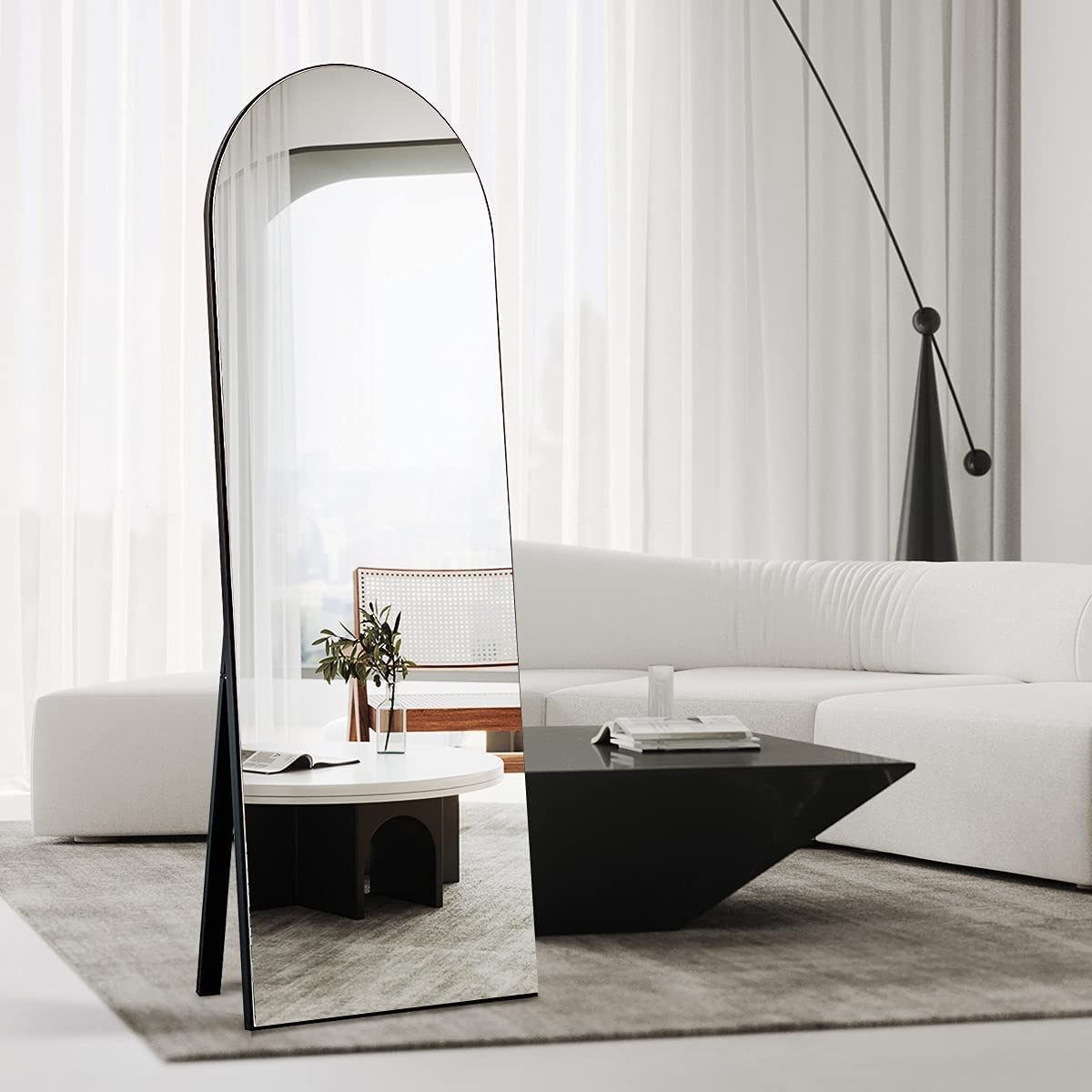 170 CM Modern Arched Floor Standing and Wall Mounted Mirror with Metal Frame Freestanding Mirror with Stand for Home Living Room Bedroom Black - Medaid