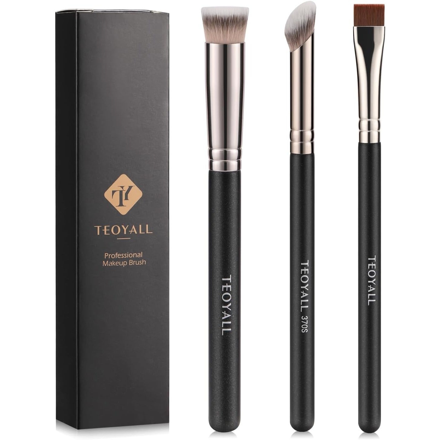 TEOYALL Concealer Brush Set, Flat Top Blush Brush, Angled Nose Contour Brush Ultra-Thin Eyeliner Eyebrow Brush for Flawless Finish (370S/Flat Top/Thin Flat) - Medaid