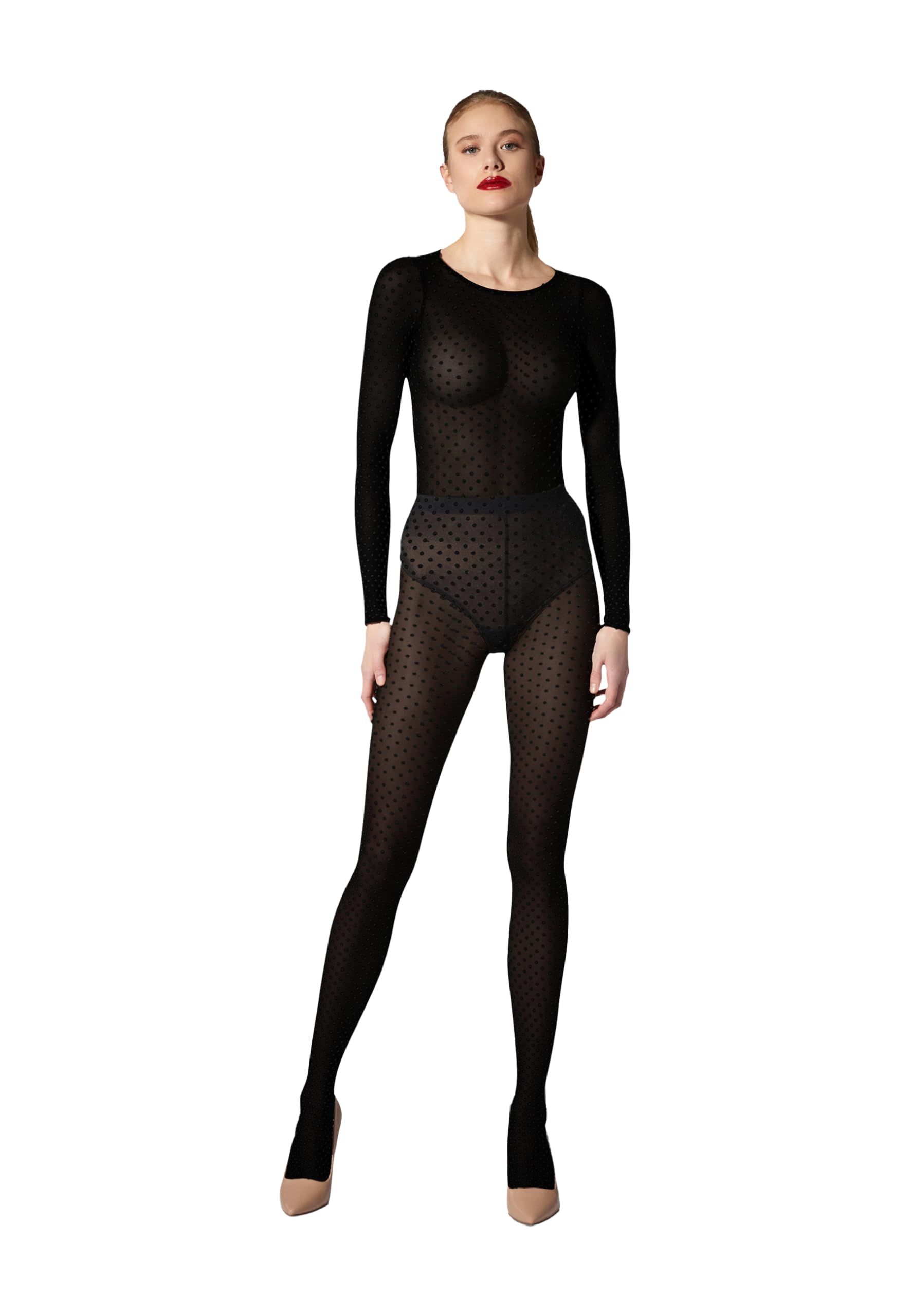 Wolford Satin Touch Dots Tights for Women 20 Denier Sheer Hosiery Pantyhose Elegant 3D Dot Design Shiny Finish Soft Waistband Black - Medaid International