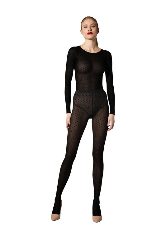 Wolford Satin Touch Dots Tights for Women 20 Denier Sheer Hosiery Pantyhose Elegant 3D Dot Design Shiny Finish Soft Waistband Black - Medaid International