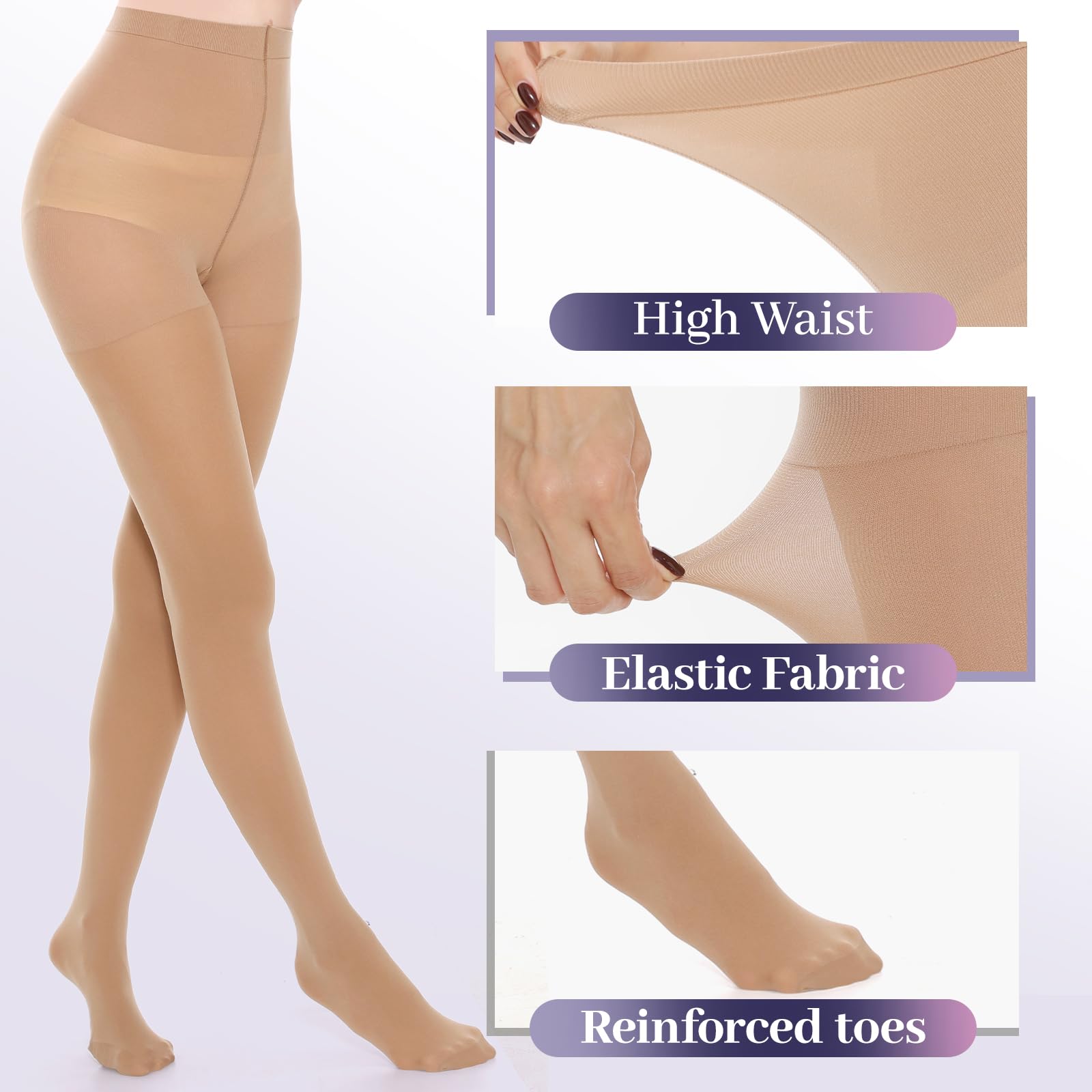 MANZI 2 Pairs Run Resistant Control Top Panty Hose Opaque Tights, Large, Suntan - Medaid International