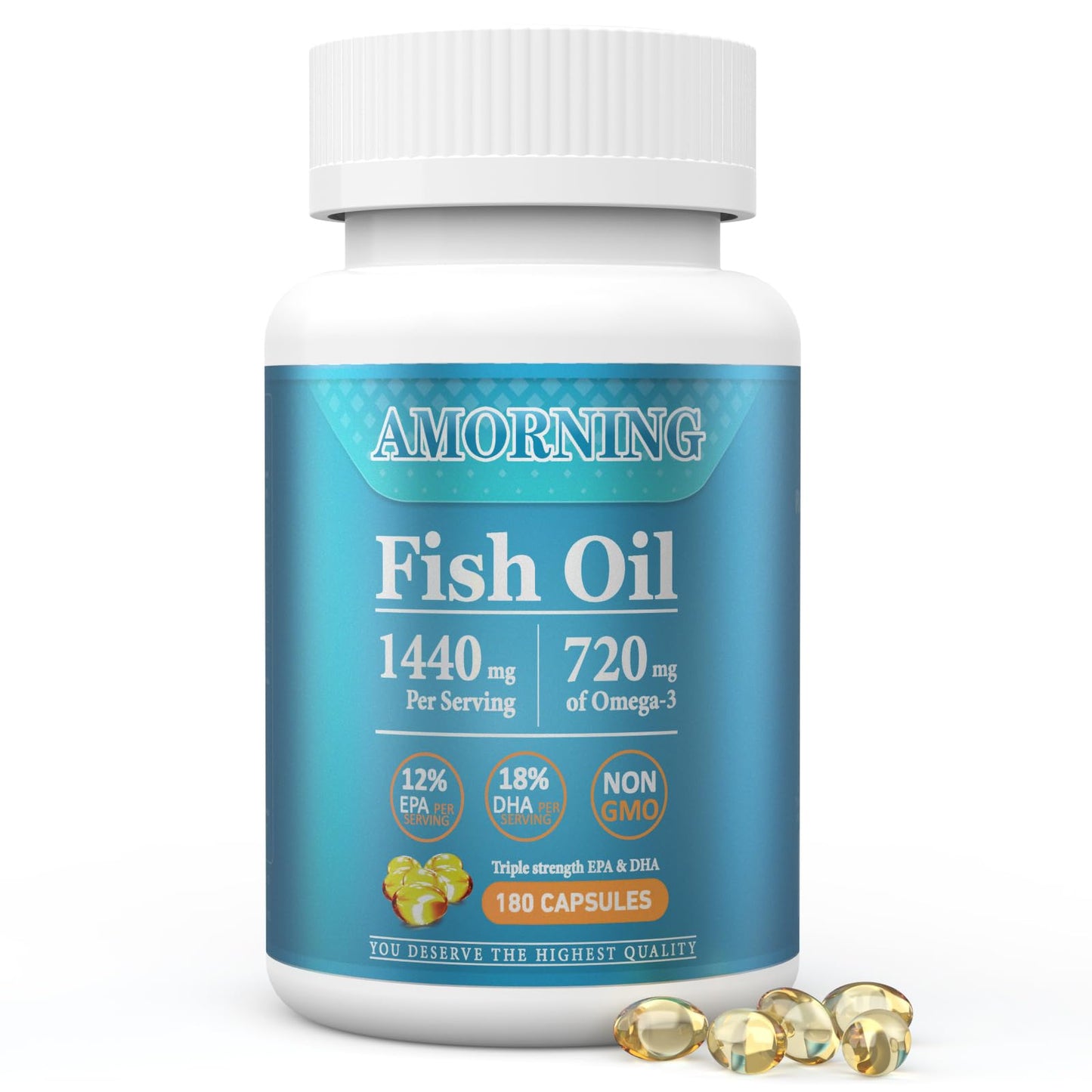 AMORNING Fish-Oil Omega3-Fatty Acids-Supplement Small-Softgels - 180Count 1440mg for Healthy Heart Brain Eyes Support High EPA DHA Easy to Swallow - Medaid International