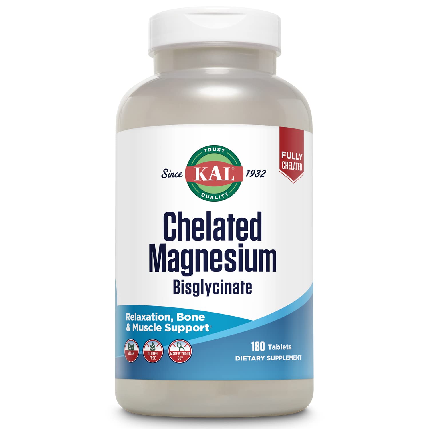 KAL Chelated Magnesium Bisglycinate, Magnesium Supplement for Relaxation, Bone Health, Nerve & Muscle Function Support*, High Absorption, Gentle Digestion, Vegan, Gluten Free, 60 Servings, 180 Tablets - Medaid International
