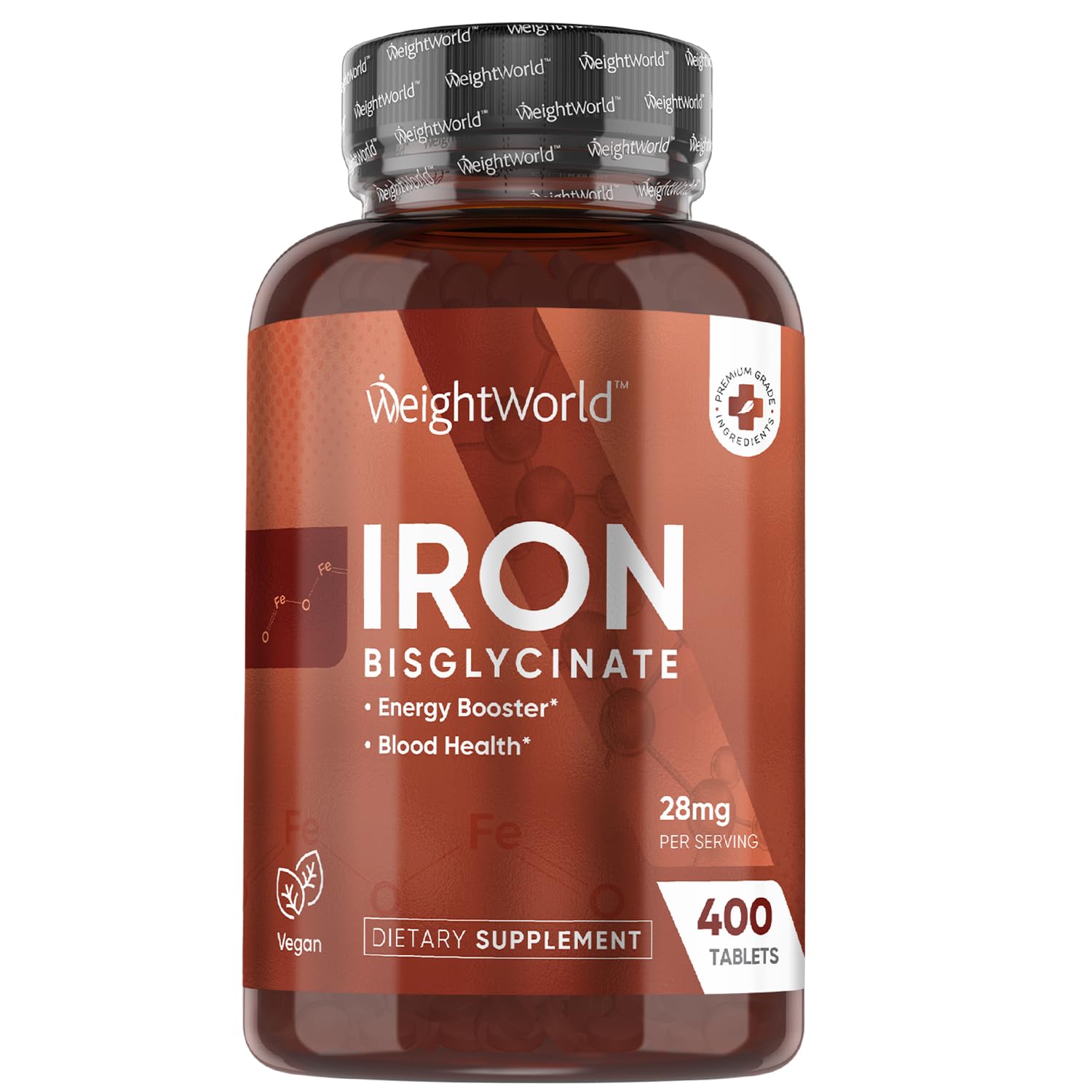 WeightWorld Iron Supplement 28mg - 400 Tablets (6+ Months Supply) - Gentle Iron Bisglycinate Supplement for Women & Men - Vegan, Non-GMO & Gluten-free - Medaid International