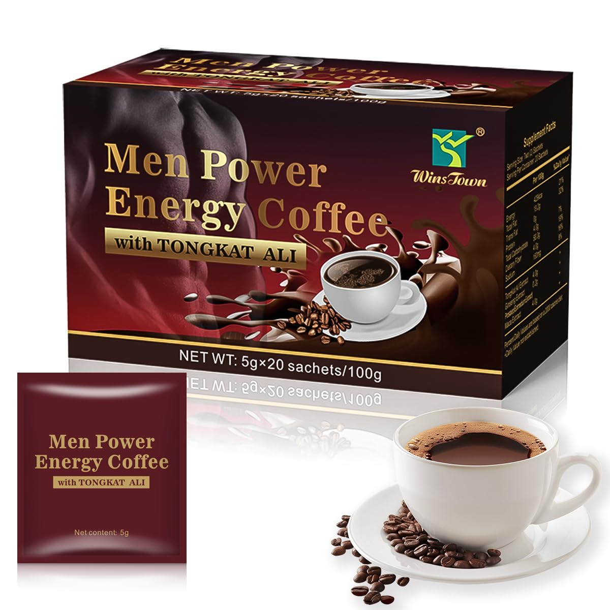 Men's Herbal Energy Coffee - Instant Black Coffee with Maca, Tongkat Ali, Epimedium & Ginseng – Boost Focus, Stamina & Vitality – 20 Sachets - Medaid International