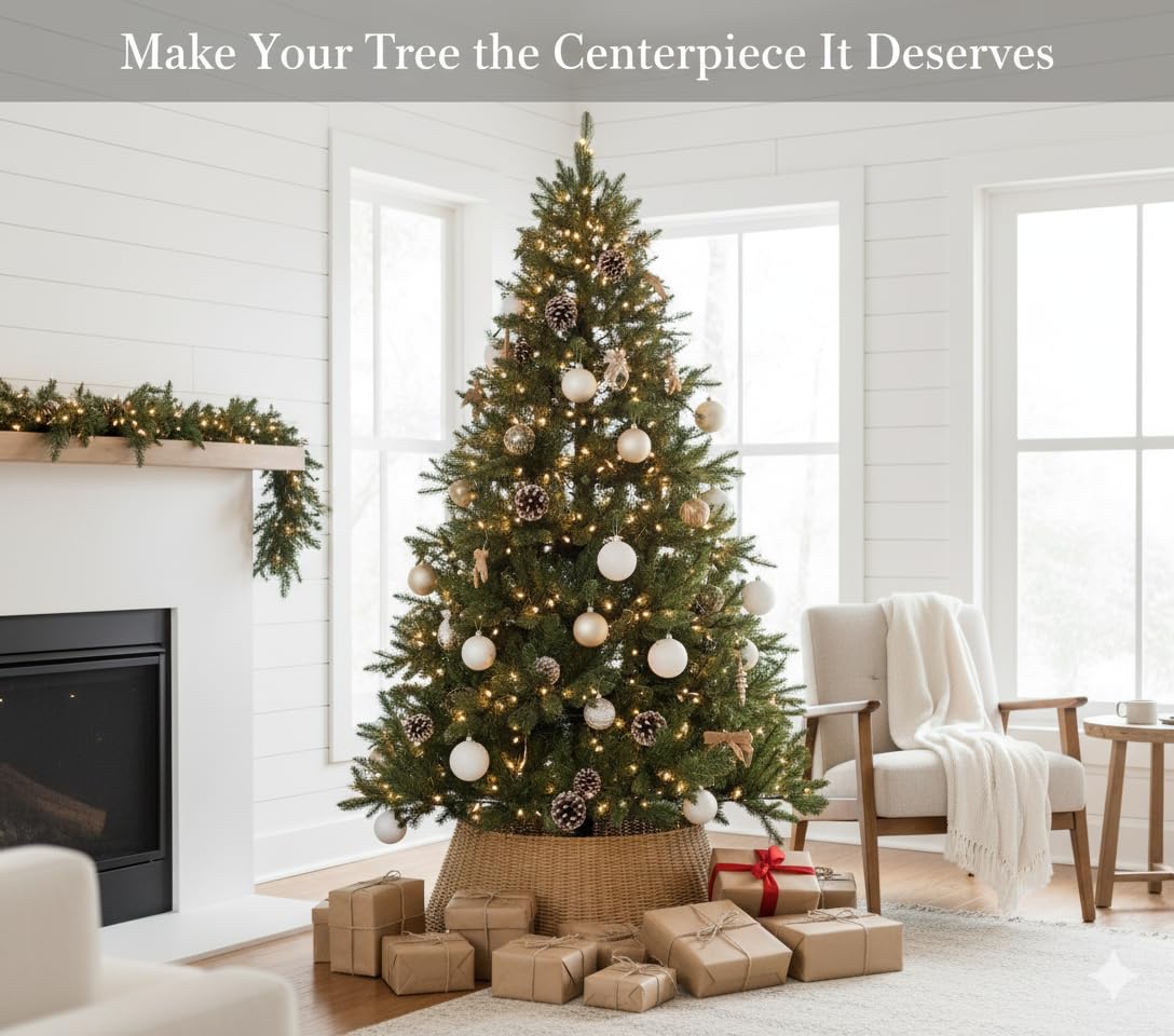 27in Farmhouse Christmas Tree Collar - Tree Basket - Natural Woven - Base Cover for Christmas Tree - Tree Skirt - Tree Ring - Medaid International