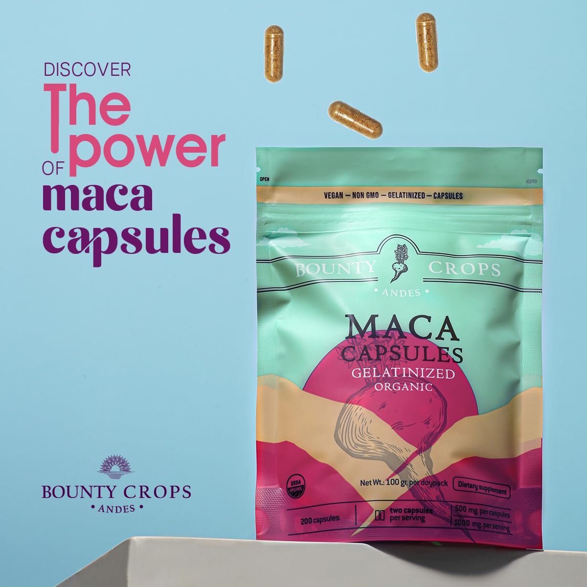 Bounty Crops Organic Maca Powder CAPSULES-1000 mg per Serving, Gelatinized, Non-GMO, 200 Vegan Capsules, Black, Red, and Yellow Peruvian Maca, Energy and Vitality Support. - Medaid International