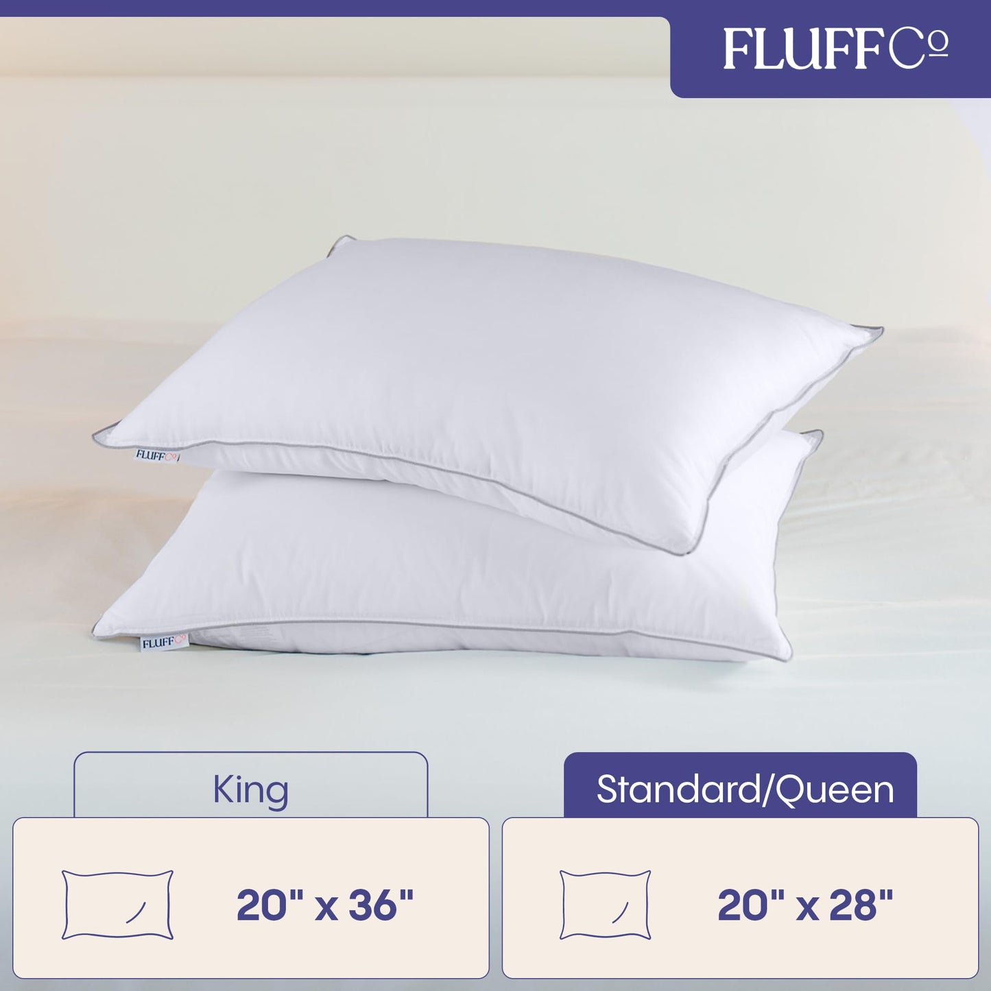 FluffCo Down Alternative Pillows Standard/Queen Size Set of 2 - Queen Bed Pillows for Sleeping - Made in USA - Cooling Surface and Machine Washable for Side, Back, and Stomach Sleepers - Medaid International