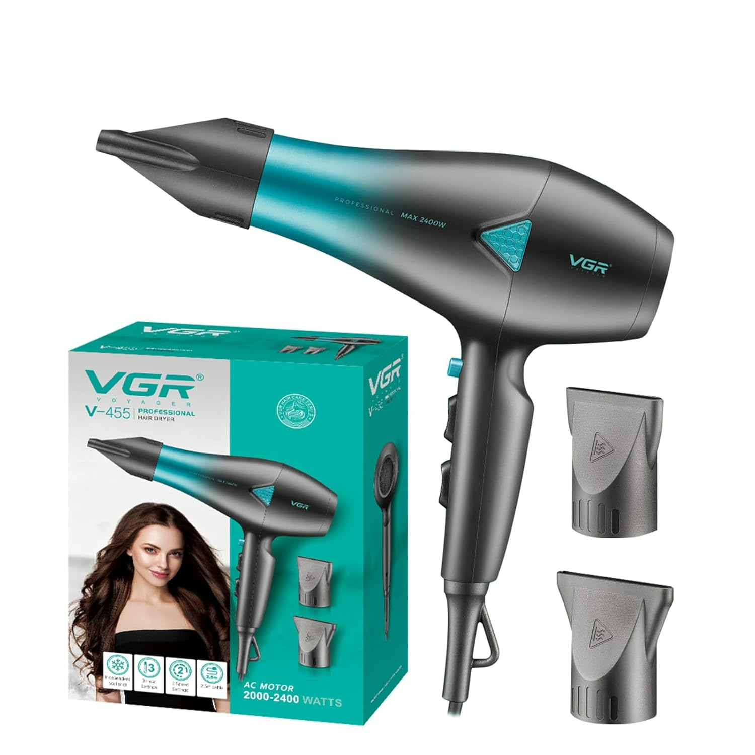 VGR V455 Professional Hair Dryer for both men and women, Independent Cool Shot, 3 Heat and 2 Speed Settings, Detachable Rear Cover - Medaid International