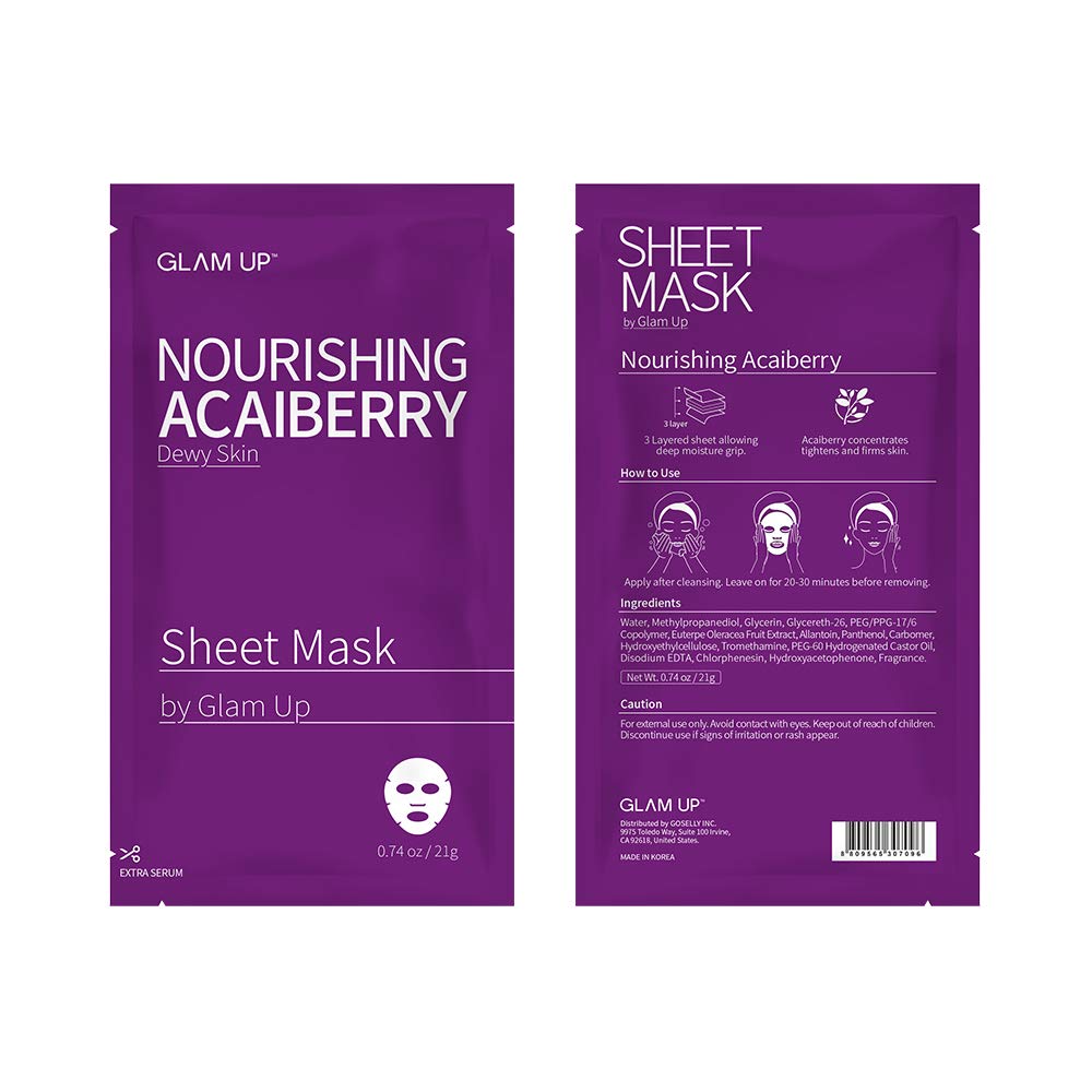 GLAM UP Sheet Mask Nourishing AcaiBerry (10 sheets) - Dewy Skin - Medaid International
