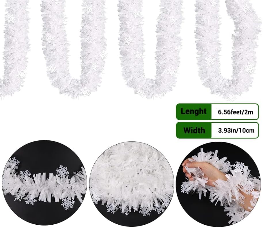 Christmas Snowflake Tinsel Garland Metallic Twist Garland Decor Foil Tinsel for Christmas Tree Xmas Home Fireplace Party Decorations(White) - Medaid International