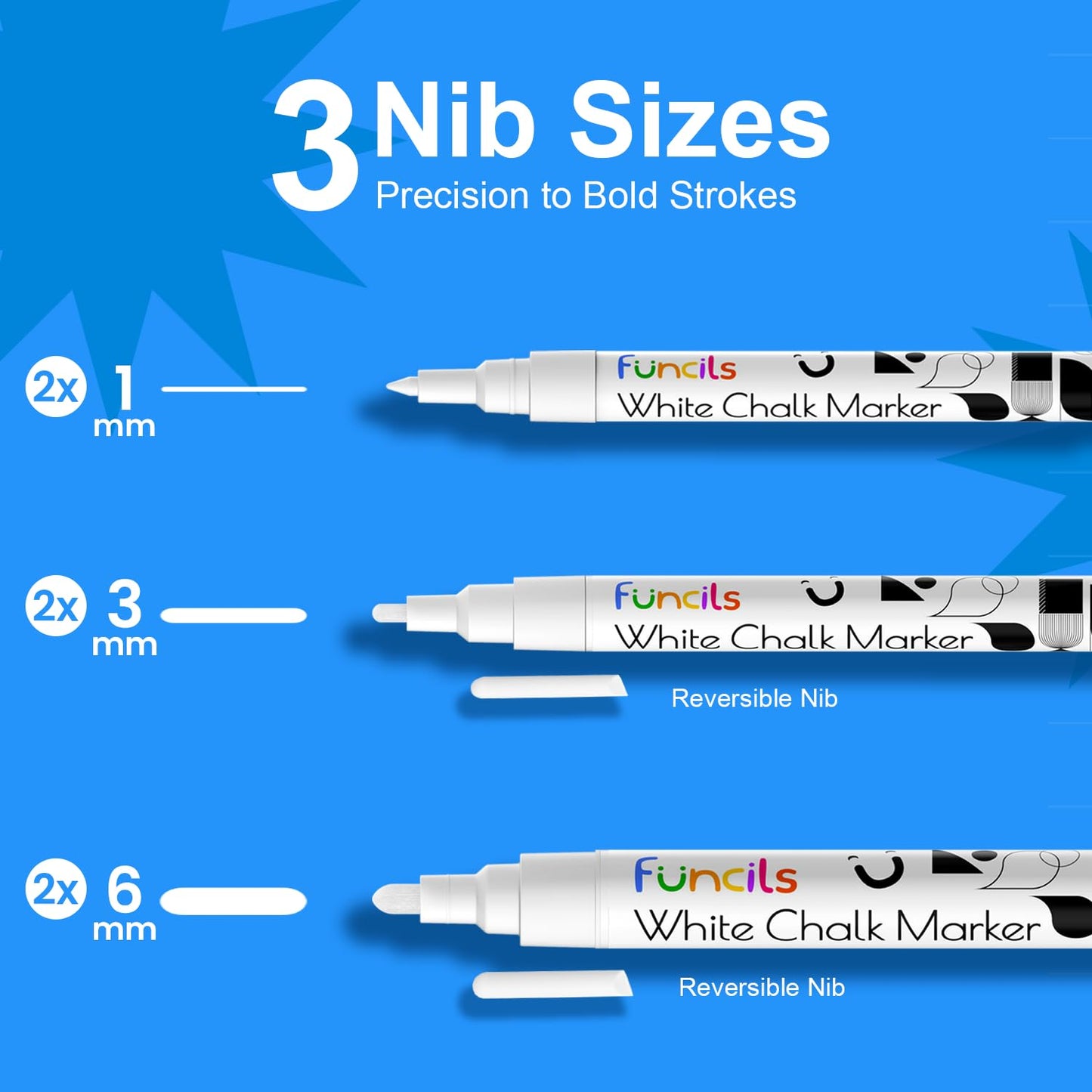 Funcils 6 White Chalk Markers for Chalkboard (6 Pack - 1mm Extra Fine + 3mm Fine Tip + 6mm Bold) | White Liquid Chalkboard Markers Erasable, Dry Erase Chalk Pens for Window, Bistro, Glass, Calendar - Medaid International