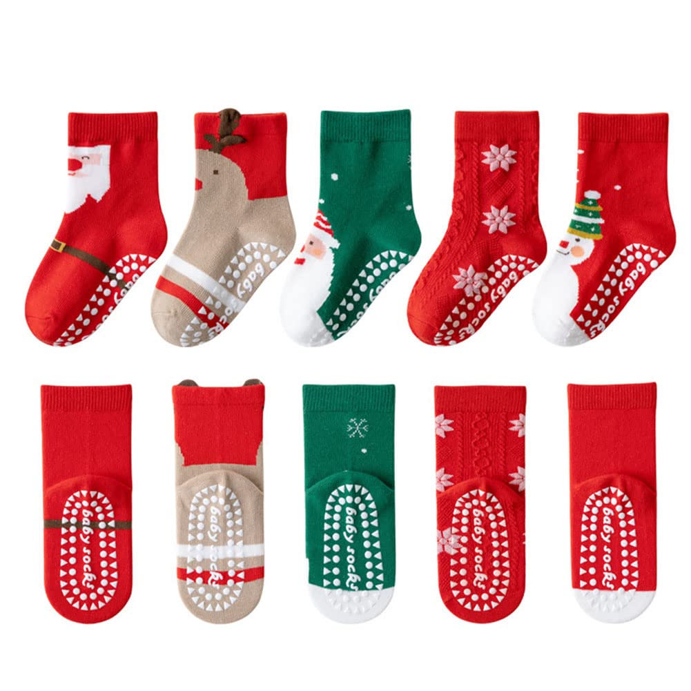 WATOCHE Kids Christmas Socks Toddler Nonslip Grip Christmas Xmas Socks for Baby Holiday Winter Warm for Boys/Girls(Nonslip Elk Set,3-5T) - Medaid International