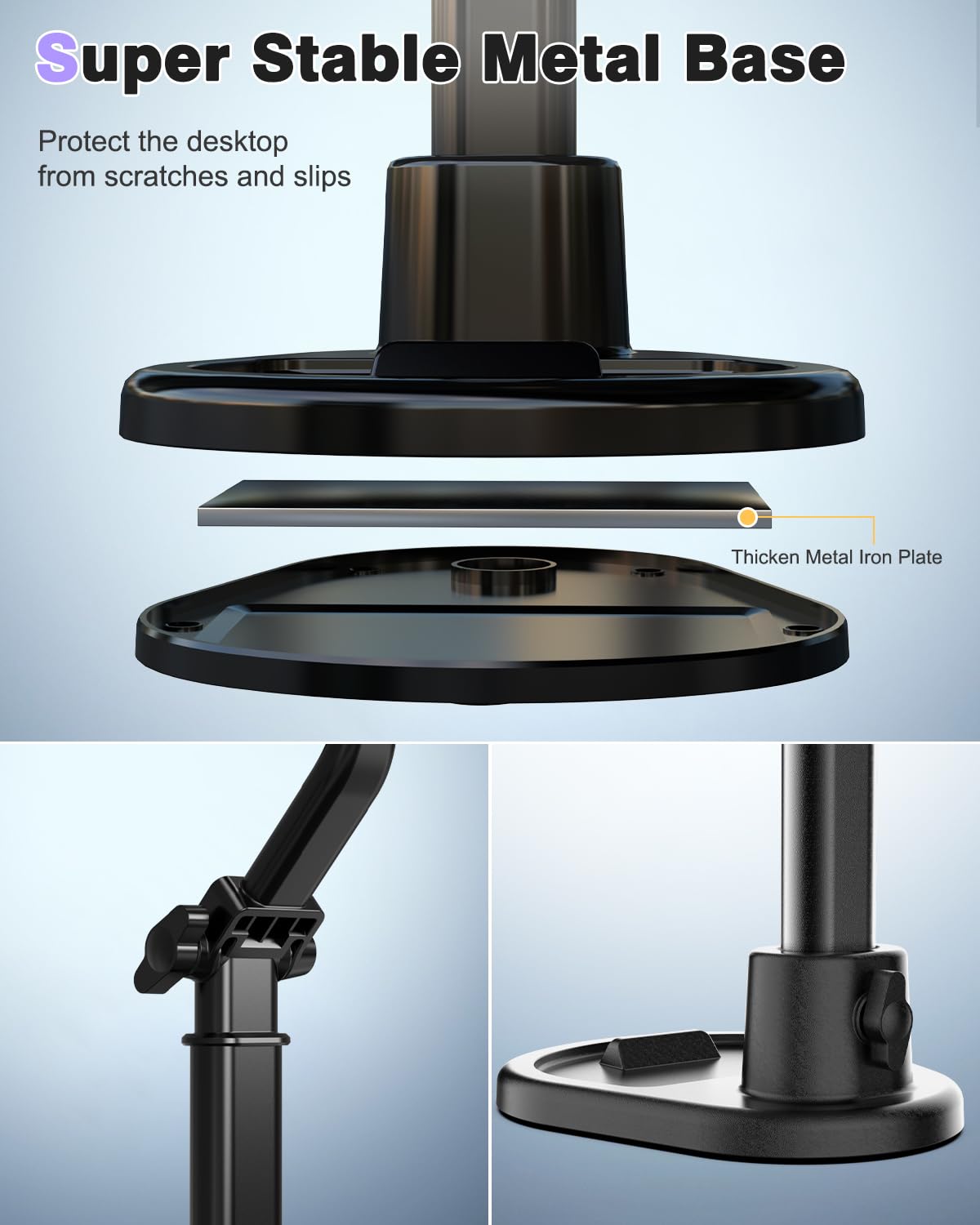 Cell Phone Stand for Desk,360° Rotating Adjustable Angle Height Phone Holder with Stable Metal Base Anti-Slip Recording Chat Tilting Stand Retractable Cell Phone Stand Office Accessories,4.7"-7",Dark - Medaid International