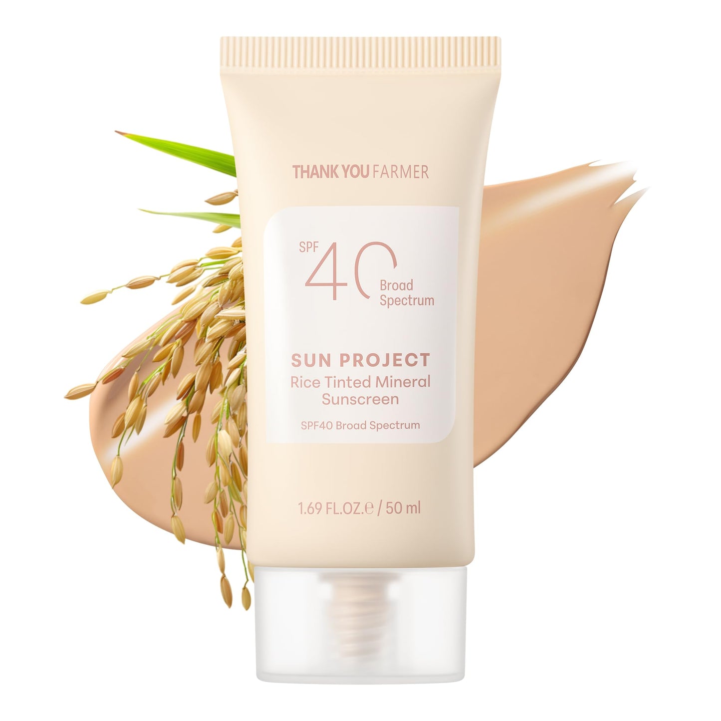 THANKYOU FARMER Sun Project Rice Tinted Mineral Sunscreen SPF40 Broad Spectrum - Korean Face Sunscreen with Zinc Oxide - Tinted SPF with No White Cast, Dermatologist-Tested - 1.69 fl oz - Medaid International