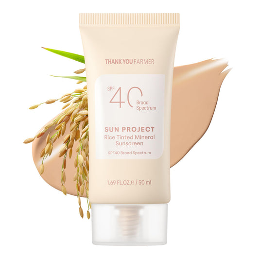 THANKYOU FARMER Sun Project Rice Tinted Mineral Sunscreen SPF40 Broad Spectrum - Korean Face Sunscreen with Zinc Oxide - Tinted SPF with No White Cast, Dermatologist-Tested - 1.69 fl oz - Medaid International