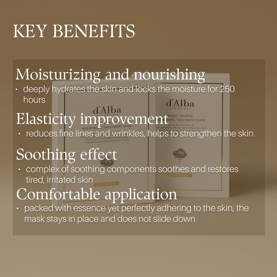 d'alba Piedmont Italian White Truffle Nourishing Mask 5pcs, Vegan Skincare, Nourishing Sheet Mask for Dry and Tired Skin, Deep Hydration, Korean Skin Care - Medaid International