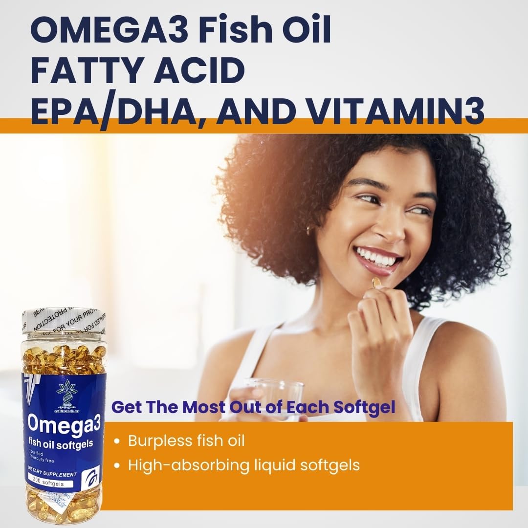 Fish Oil 1000 mg Softgels, 300 mg Omega 3 Supplements, 200 Softgels, 100 Days Supply - Medaid International