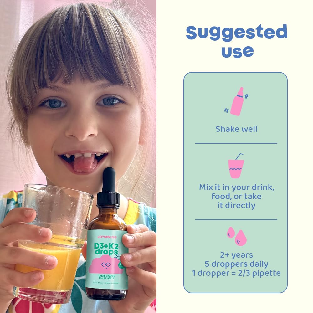 JoySpring Vitamin D3 Kids Drops with K2 – Liquid Supplement for Calcium Absorption & Joint Health – 180 Servings (1 fl oz) – Vitamin D Kids Ages 3-18 - Medaid International