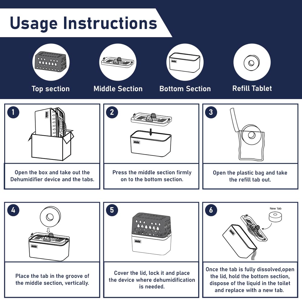 ANSIO Dehumidifier Refill Tabs, Pack of 8 – Universal Fit for Devices with up to 450g Refill Tabs or 1-Litre Collection Tub, Damp, Moisture & Condensation Absorbers for Home, Office, Garage & Bathroom - Medaid International