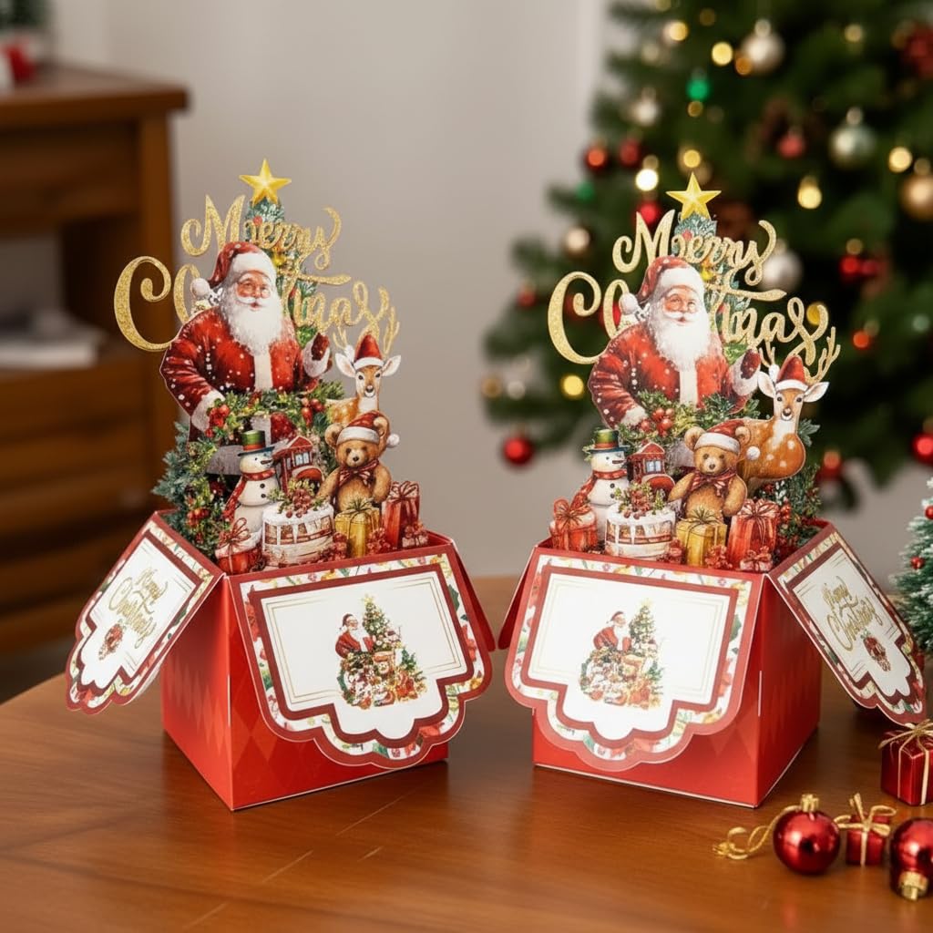 2pcs Vintage 4-Layer Christmas Greeting Card with Santa Claus, Reindeer & Tree Design - Paper Holiday Card with Envelope, Festive Holiday Party Invitation for Friends & Family - Medaid International