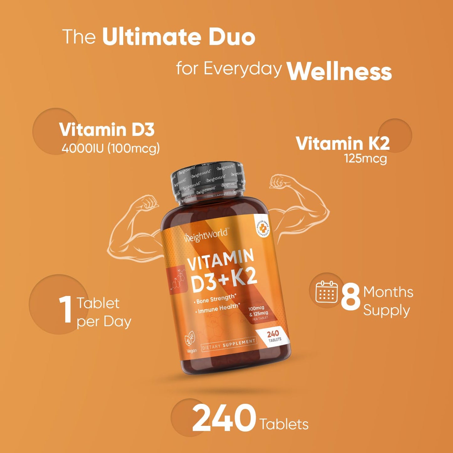 WeightWorld Vitamin D3 K2-240 Vegan Tablets (8 Months Supply) - Vitamin D3 4000 IU (100mcg) & Vitamin K2 (MK7) (125mcg) - Vitamin D Supplement for Women & Men - Gluten-Free - Medaid International