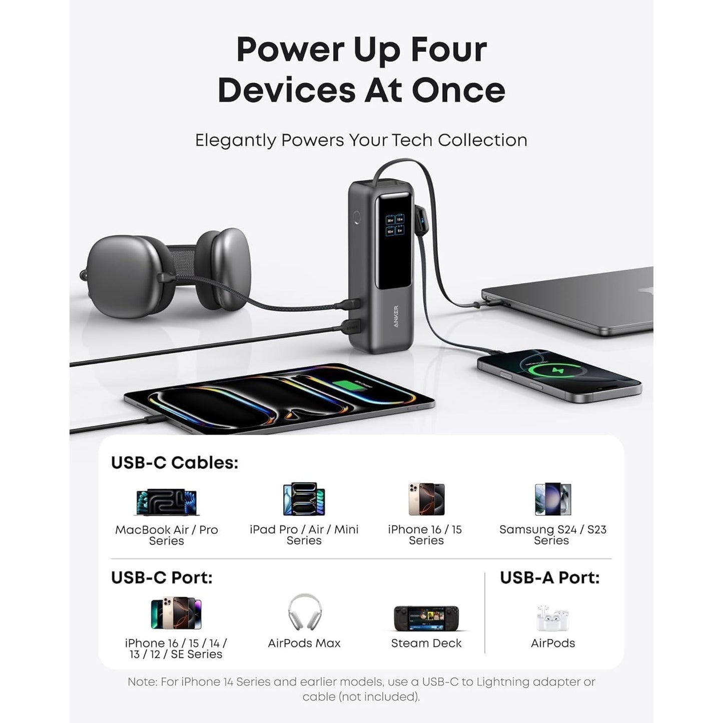 Anker Laptop Power Bank, 25,000mAh Portable Charger with Triple 100W USB-C Ports, Built-in and Retractable Cables, for iPhone 16/15 Series, MacBook, Samsung, and More (Flight-Approved) - Medaid International