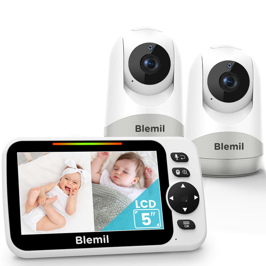 Blemil Upgrade Baby Monitor with 30-Hour Battery, 5" Large Split-Screen Video Baby Monitor with 2 Cameras and Audio, Remote Pan/Tilt/Zoom, Two-Way Talk, Room Temperature, Auto Night Vision - Medaid International